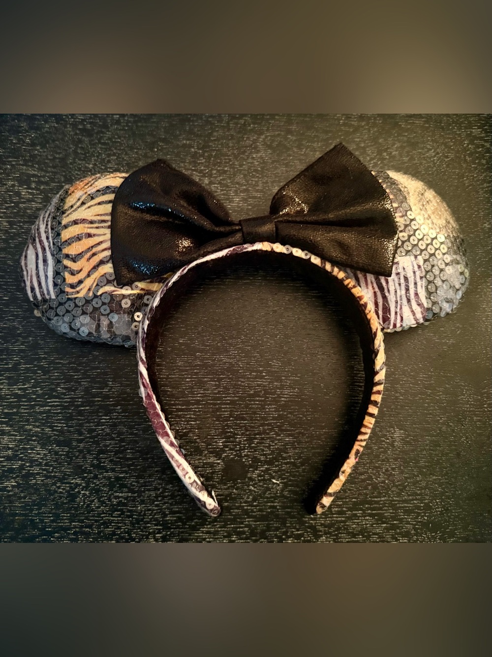Disney Sequin Animal Patchwork Print Minnie Ears Headband with Black Bow